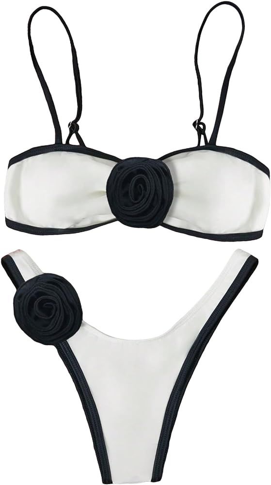 Women's 2 Piece Bikini Set High Waisted Bathing Suit Tie Back 3D Rose High Cut Thong Bikini Swims... | Amazon (US)
