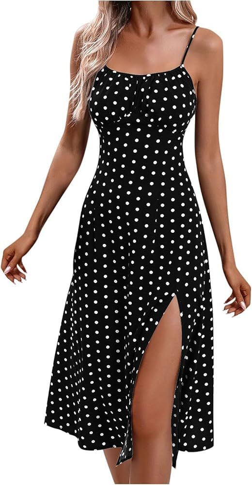 Polka Dot Summer Dresses for Women Sleeveless Ruched High Waist Casual Flowy Side Slit Cami Dress... | Amazon (US)