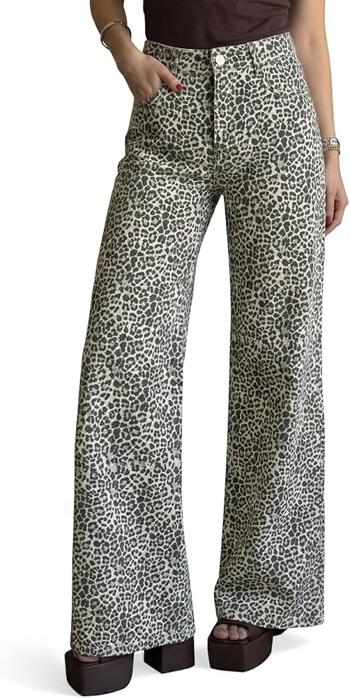 Cicy Bell Womens Wide Leg Jeans High Waisted Leopard Baggy Stretchy Denim Pants with Pockets | Amazon (US)