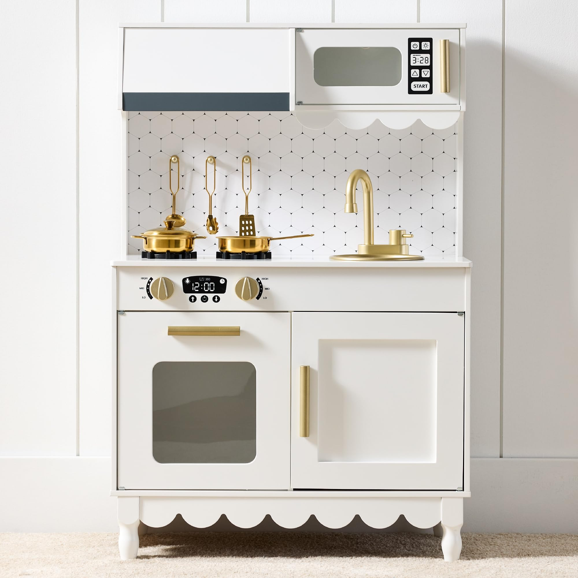 Best Choice Products Toddler Kitchen Playset, Wooden Cottage Kids Play Kitchen with 5 Accessories, Toy Storage, Scalloped Edge, and Pretend Play Microwave, Oven, Clicking Knobs - White | Amazon (US)