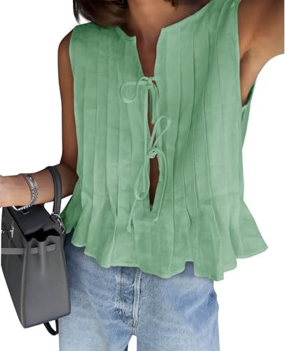 Cicy Bell Womens Bow Front Tie Tank Tops Pleated Babydoll Top Sleeveless Cute Coquette Shirt Summer Outfits Mint Green | Amazon (US)