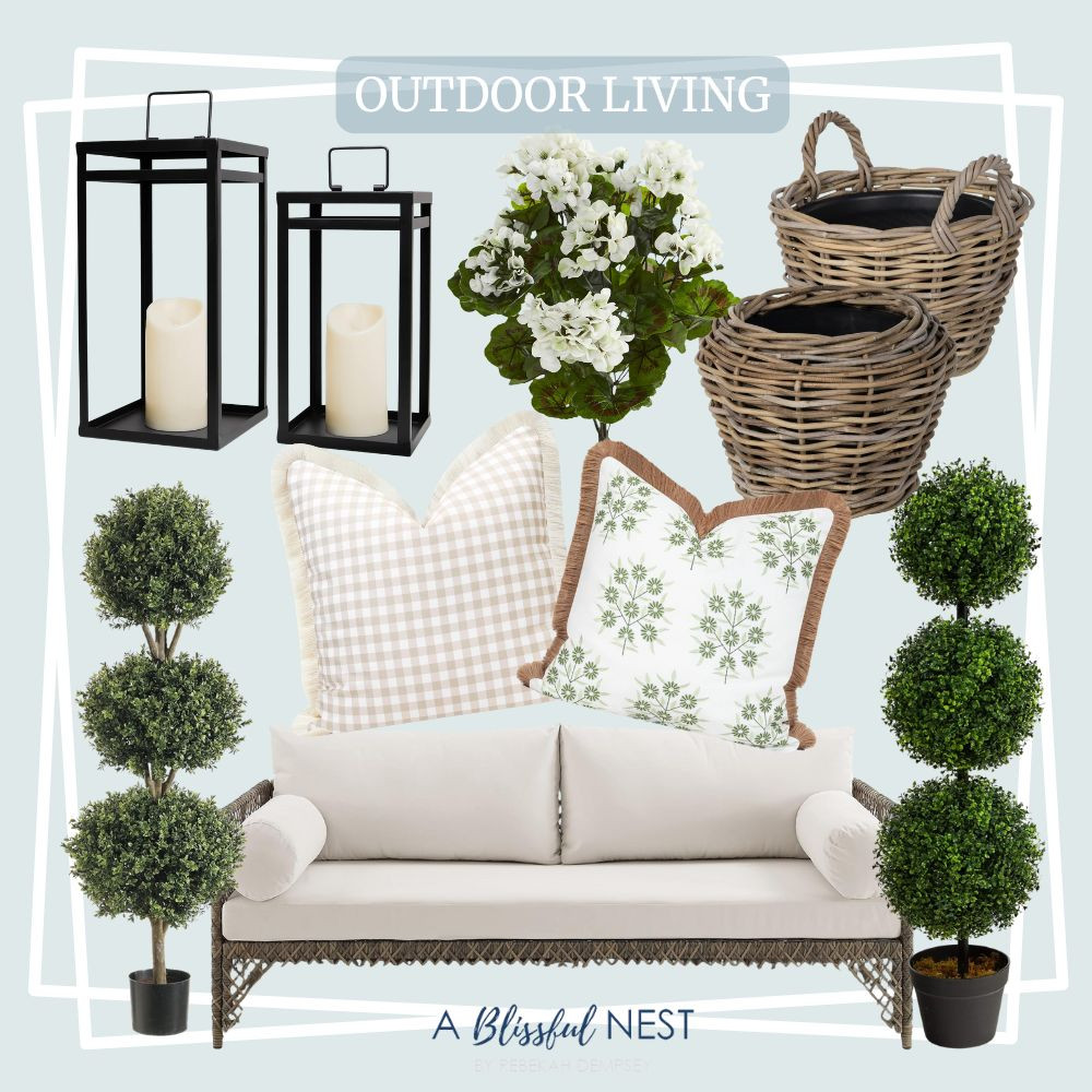 These outdoor favorites bring charm and comfort to any porch or backyard. Grab your favorites.

Black metal candle lanterns, white artificial geranium bush, wicker outdoor sofa, basket planters, tan gingham fringe throw pillow, green embroidered floral throw pillow, artificial boxwood trees. 

 #LTKHome