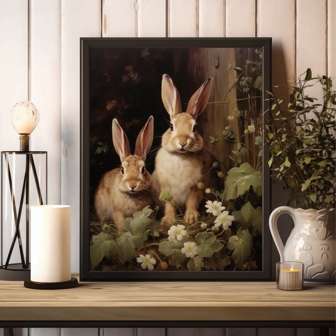 Antique Rabbit Painting, Couple Bunny Wall Art Printable, Digital Download, Dark Academia Wall Ar... | Etsy (US)