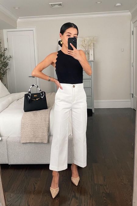 •Wide leg crop pants - Size 00 petite measures 13” across the waist, 10.35” rise and 23” inseam. Very flattering fit and a great work pant! 
•Scalloped knit top xxs petite - cute summery piece that tucks easily into pants, jeans and skirts. Worn with nipples. 
•Woven sling backs sz 5 
•Sezane earrings 
#petite

#LTKsalealert #LTKSeasonal #LTKworkwear