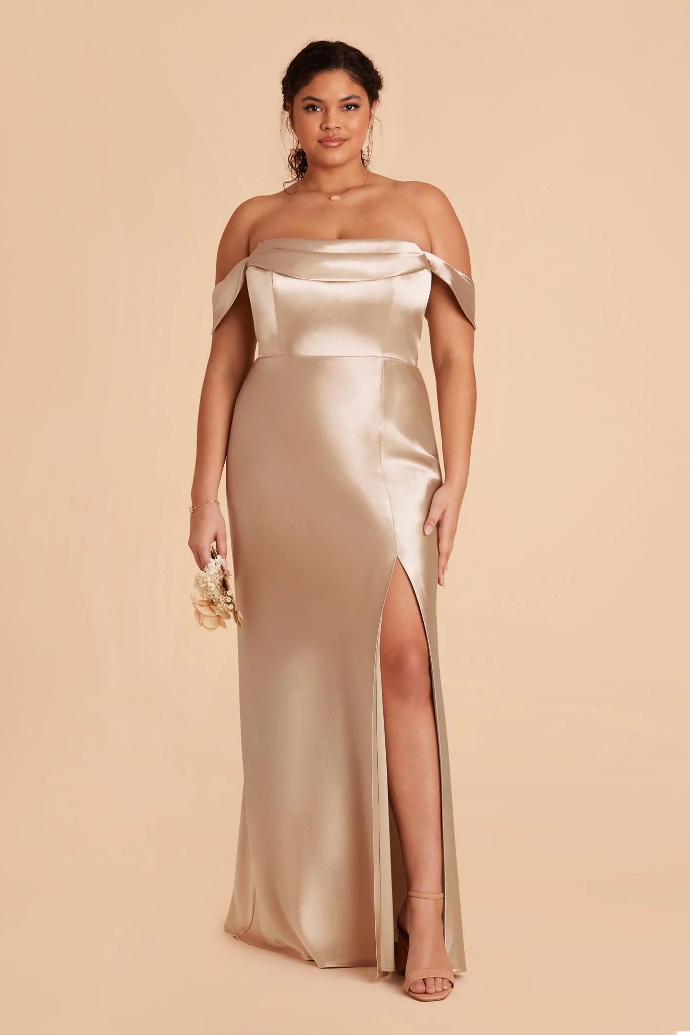 Mia Shiny Satin Convertible Dress - Neutral Champagne | Birdy Grey