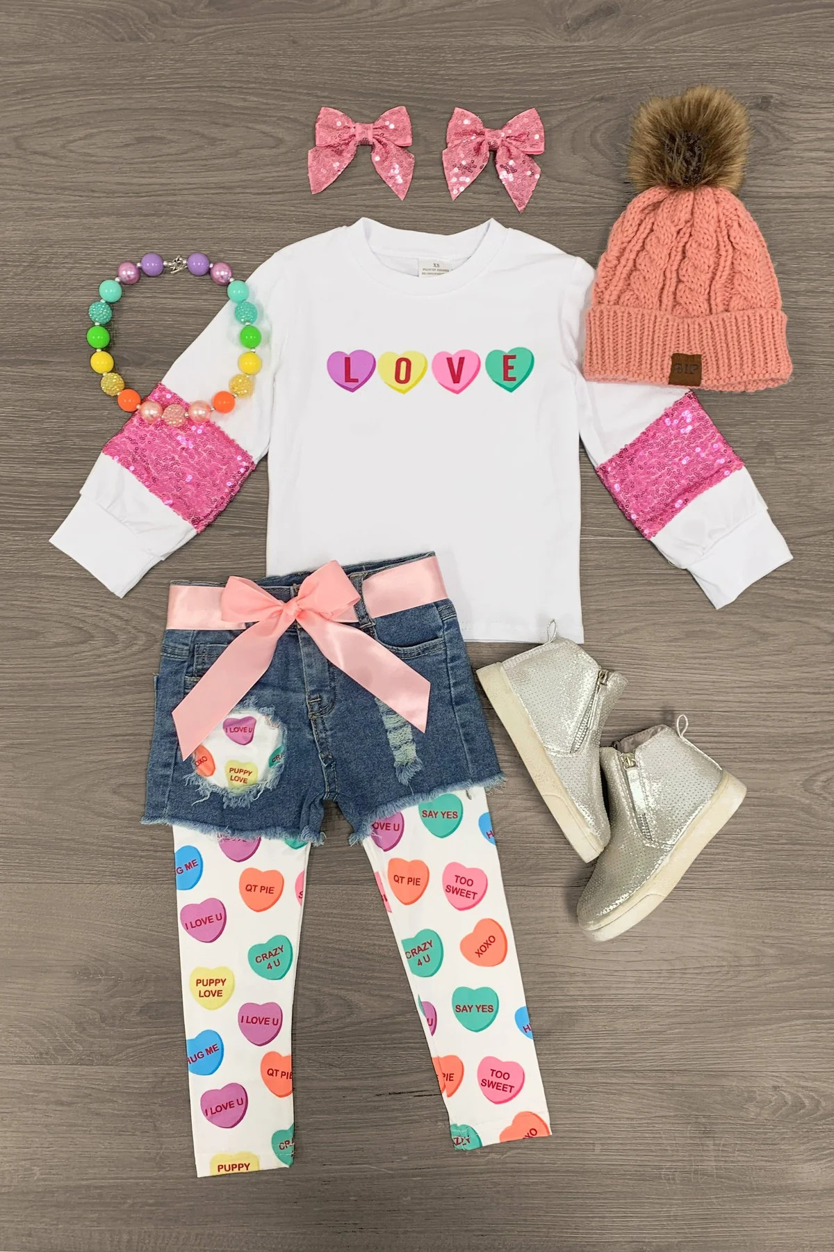 "Love" Candy Heart Legging & Denim Short Set | Sparkle In Pink