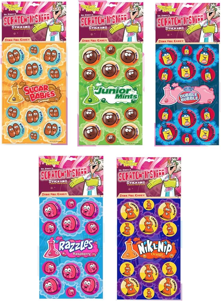 Just For Laughs Dr. Stinky's Scratch N Sniff Stickers 5-Pack- Sugar Babies, Junior Mints, Dubble ... | Amazon (US)