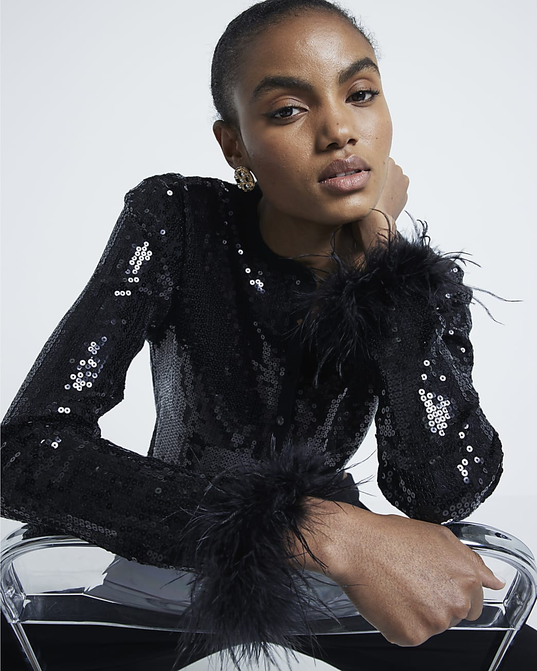 Black Sequin Feather Cuff Cardigan | River Island UK & IE