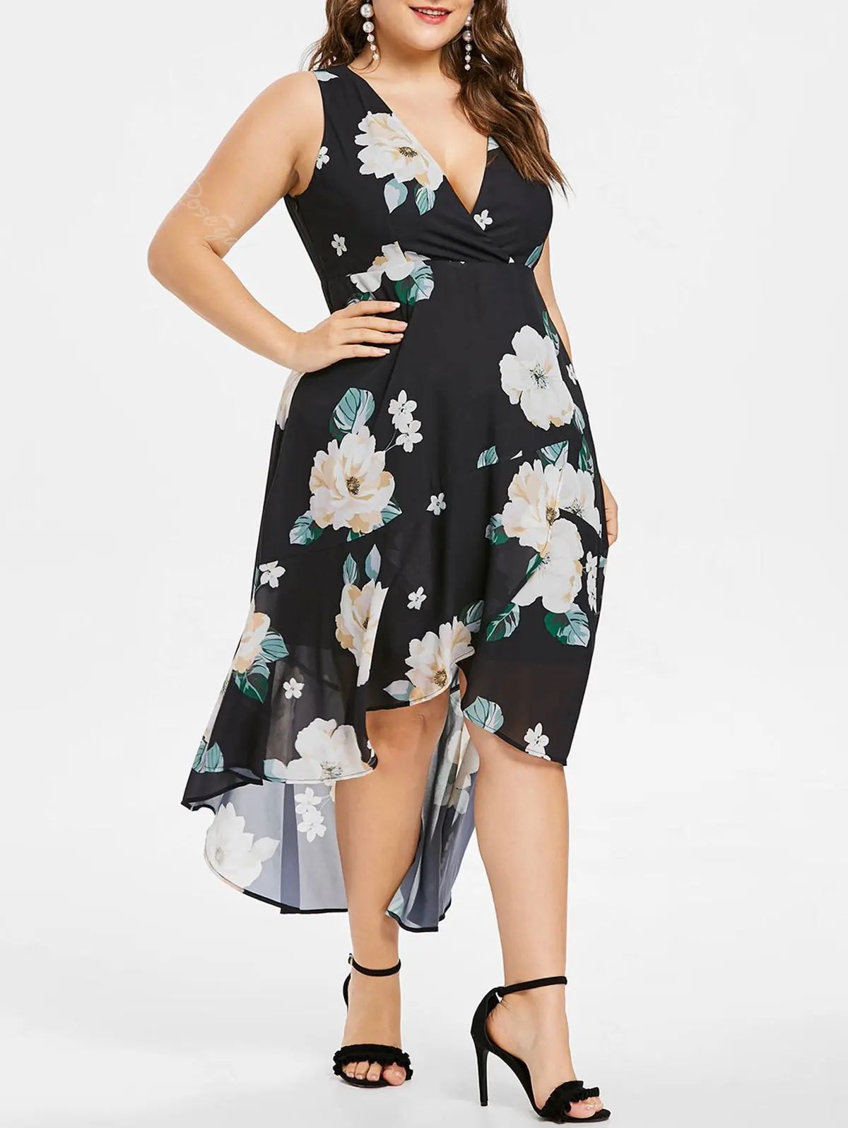 Plus Size Floral Plunging Neck High Low Dress | Rosegal US