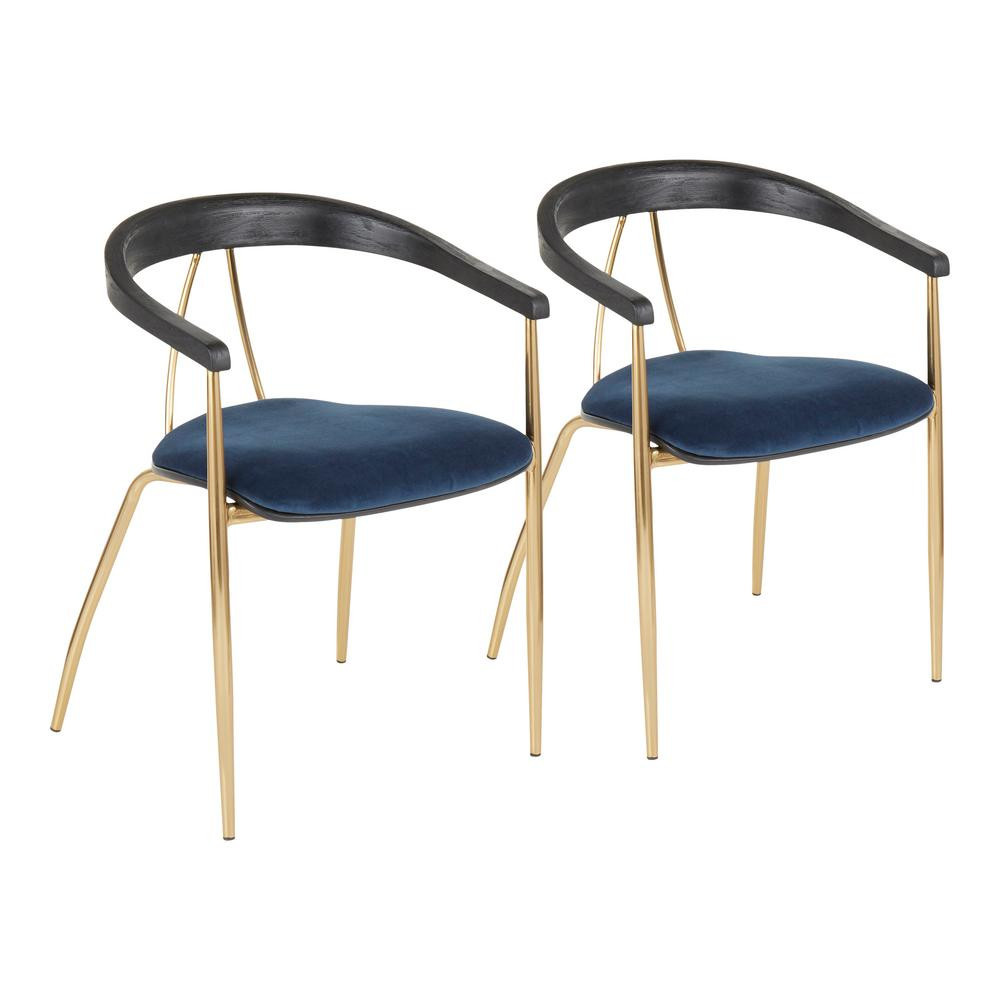 LumiSource Vanessa Gold and Blue Velvet Dining Chair with Black Wood Accent (Set of 2) | The Home Depot