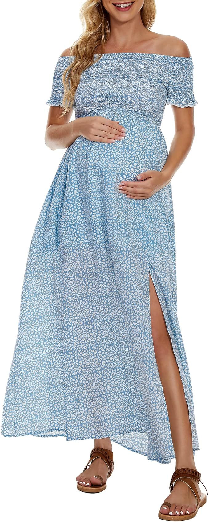 Adorel Maternity Dress Off Shoulder Short Sleeve Maxi Slit Photoshoot Elegant Flowy Boho Empire W... | Amazon (US)