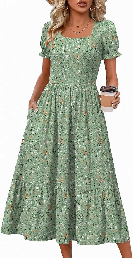 Zeagoo Summer Dresses for Women Flowy Casual Midi Dress Short Sleeve Tiered Dress Beach Vacation ... | Amazon (US)