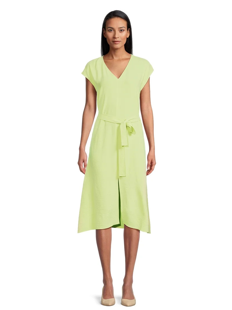 Time and Tru Women's V-Neck Midi Dress with Belt, Sizes XS-3XL | Walmart (US)
