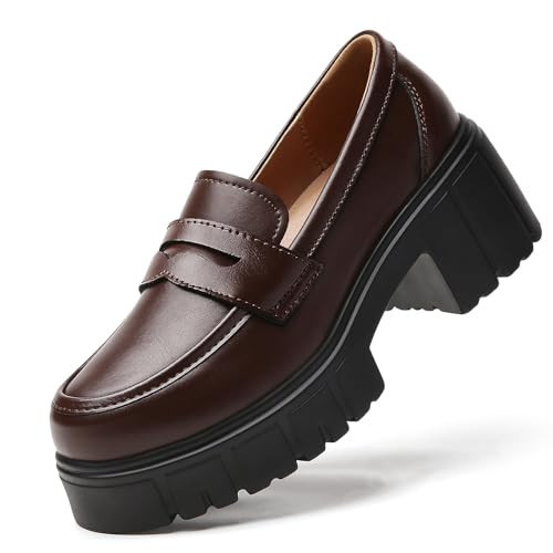 QJN Platform Loafers for Women Brown Penny Loafer Chunky Heel Leather Shoes | Amazon (US)