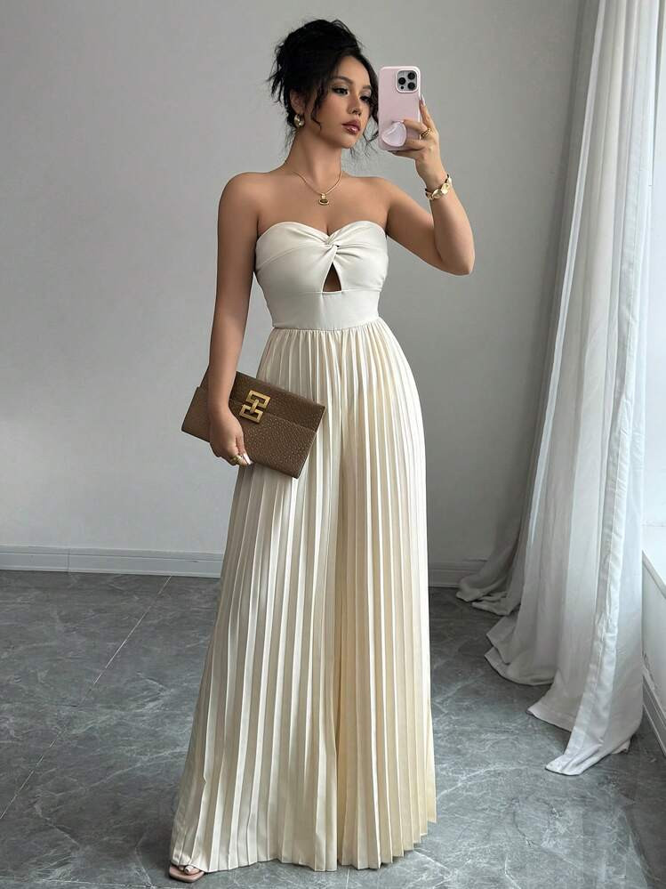 Elenzga Women's Elegant Front-Twist Hollow Out Pleated Loose Jumpsuit For Date | SHEIN