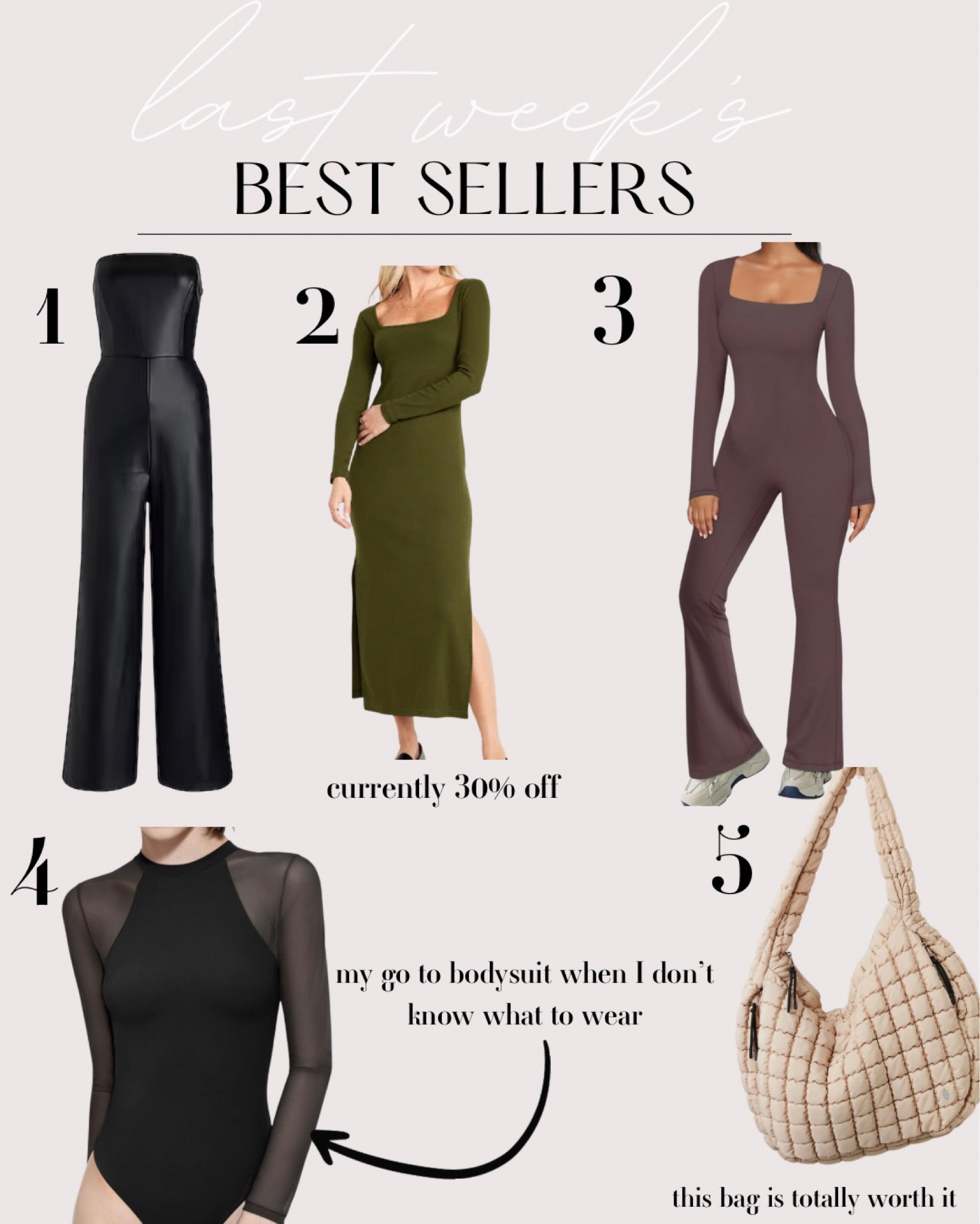1. Express faux leather strapless wide leg jumpsuit. Wearing xs 
2. Old navy ribbed bodycon dress. Wearing xs
3. Automet bodysuit from Amazon. Back zip, long sleeve, wide leg small 
4. Puimey from Amazon bodysuit. Wearing small 
5. Free people quilted carry all bag  

#LTKsalealert #LTKover40 #LTKSeasonal