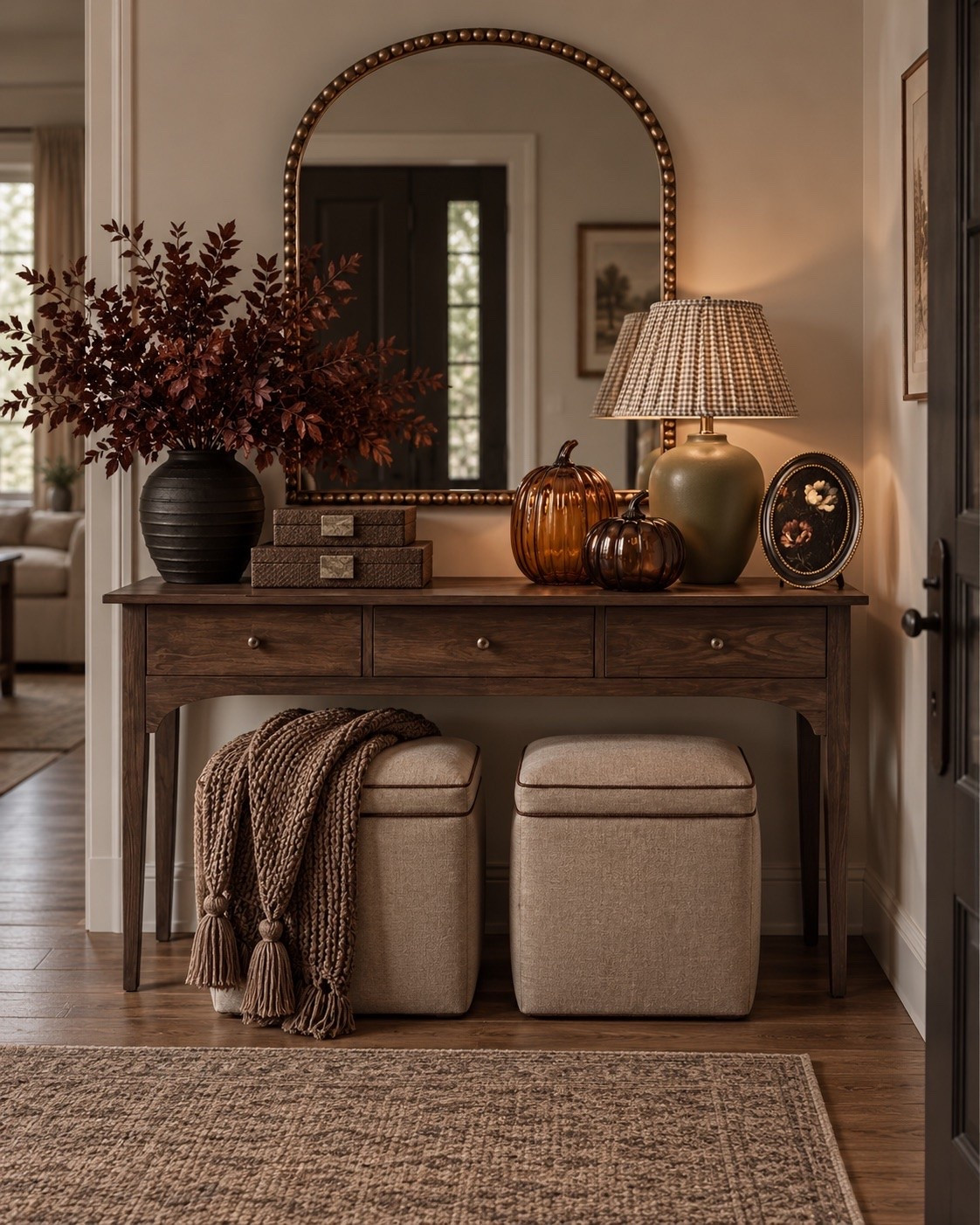 Fall console table decorating ideas 🤎 I mixed affordable fall home finds with everyday modern organic decor to create this warm, collected entryway. The amber pumpkins, fall stems, arched mirror, gingham lamp and wood console are perfect for transitioning your home into fall.

#LTKSaleAlert #LTKSeasonal #LTKHome