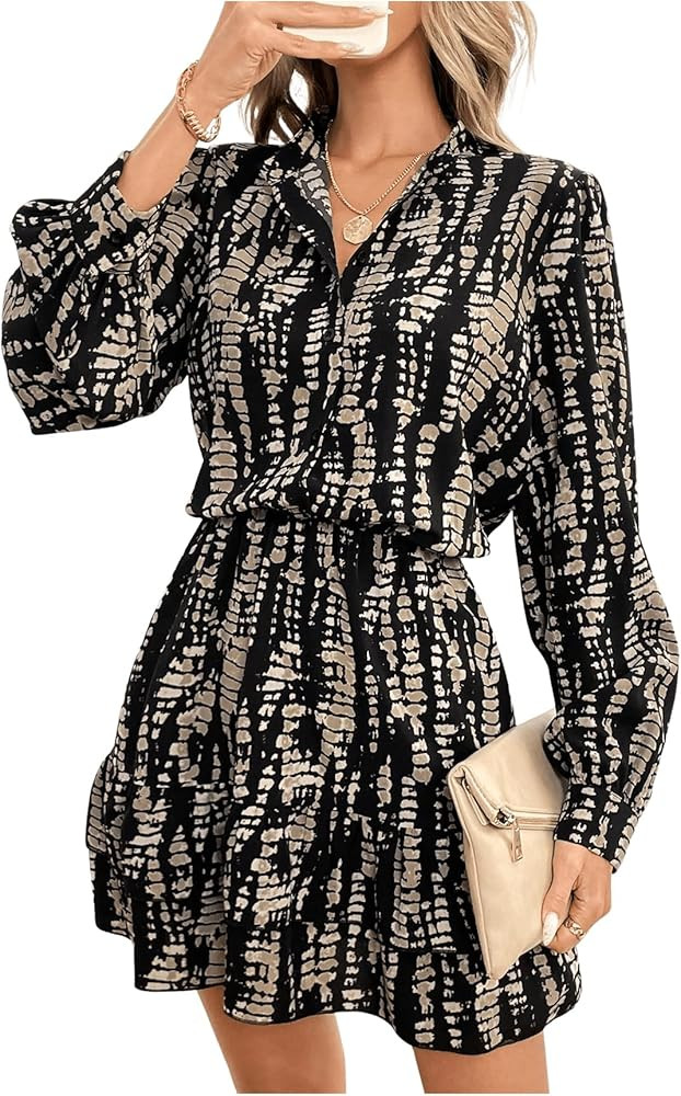 Floerns Women's Graphic Print Lantern Sleeve Button Shirt Dress Ruffle Hem Short Dress | Amazon (US)