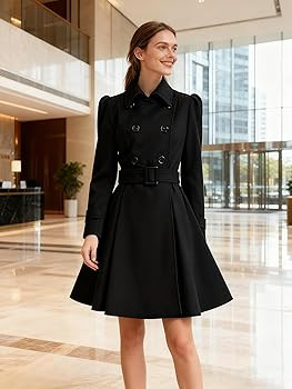 ForeMode Women Swing Double Breasted Wool Pea Coat with Belt Buckle Spring Mid-Long Long Sleeve L... | Amazon (US)