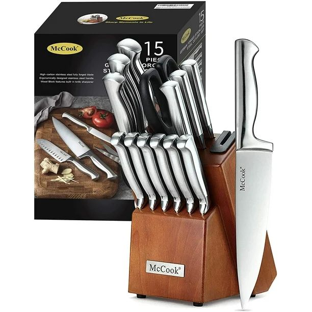 McCook MC29 15-Piece Kitchen Cutlery Knife Block Set Built-in Sharpener Stainless Steel - Walmart... | Walmart (US)