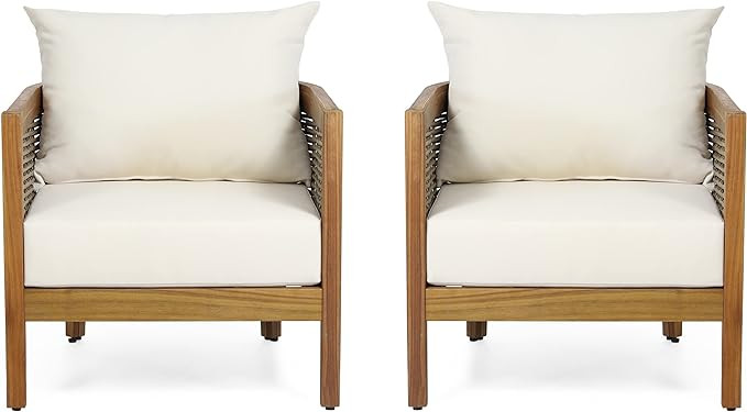 Christopher Knight Home Burchett Outdoor Acacia Wood Club Chairs with Cushions, Beige, Brown | Amazon (US)