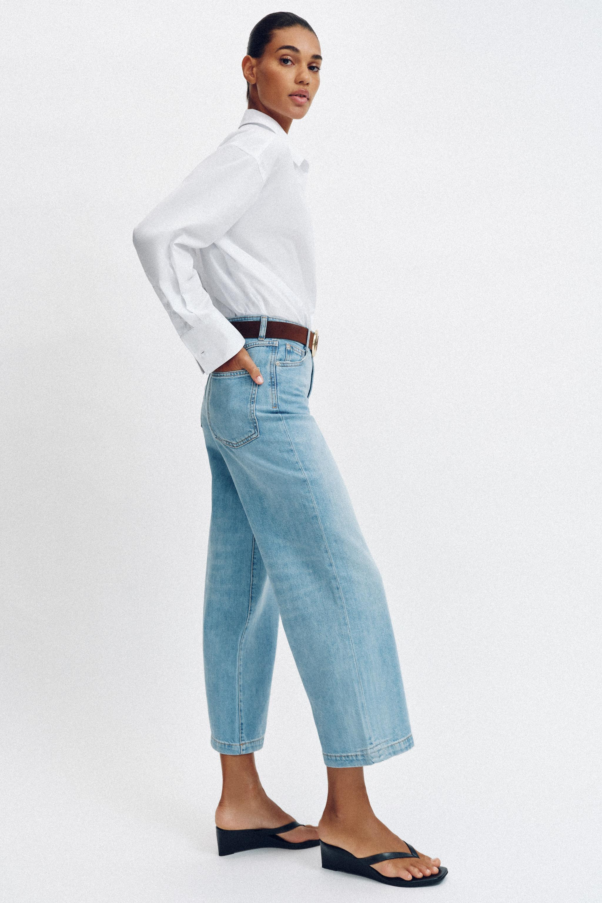 HIGH-WAIST WIDE-LEG CROPPED JEANS WITH BELT | Zara UK