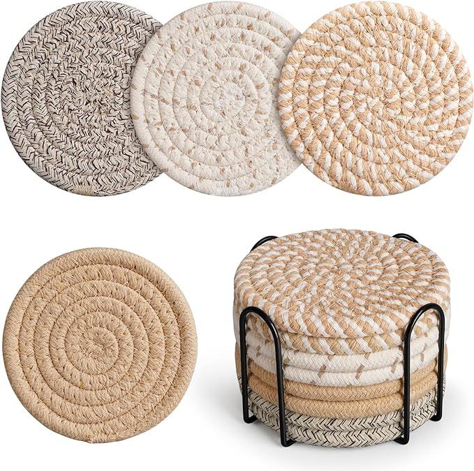 Drink Coasters with Holder, 4 Colors Absorbent Coasters, Cotton Woven Coasters Set of 8 for Table... | Amazon (US)