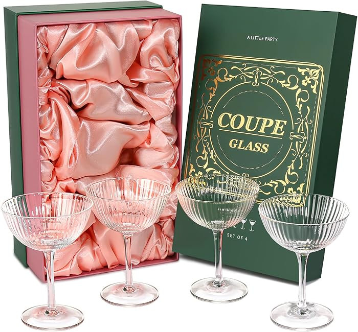 Coupe Glasses Set of 4, Ribbed Crystal Glass Cocktail Glasses with Luxury Box, 8oz Reusable Clear... | Amazon (US)