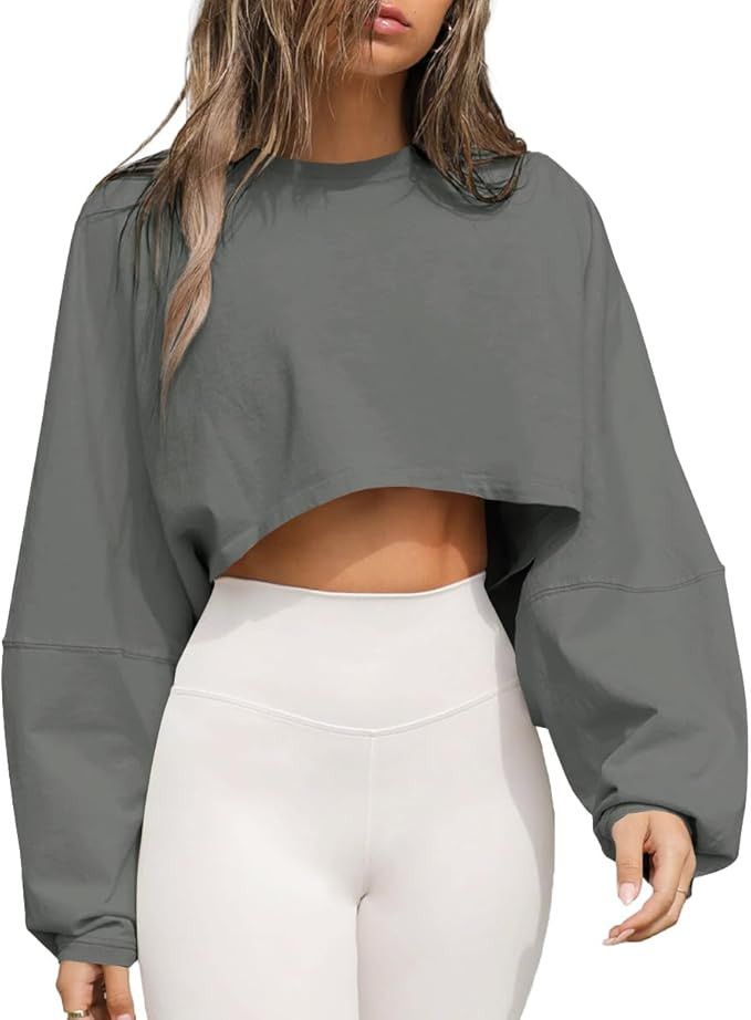 Women Long Sleeve Crop Tops Crewneck Casual Loose Workout Athletic Sweatshirts Pullover Tshirt | Amazon (US)