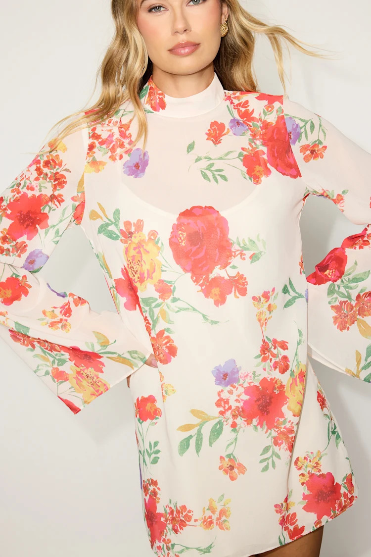 Perfected Charm Ivory Multi Floral Bell Sleeve Mini Shift Dress | Lulus