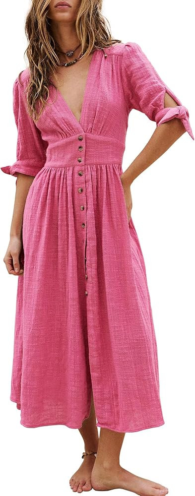 Gacaky Women's Summer Casual Cotton V Neck Short Sleeve Long Dress Button Down Midi Skater Dresse... | Amazon (US)