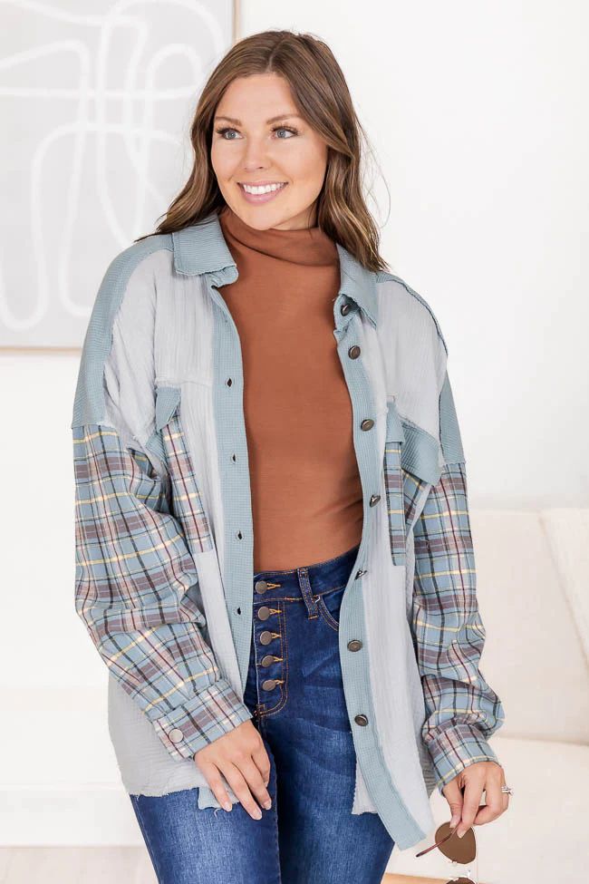 Make That Clear Blue and Plaid Color Block Button Front Blouse | Pink Lily