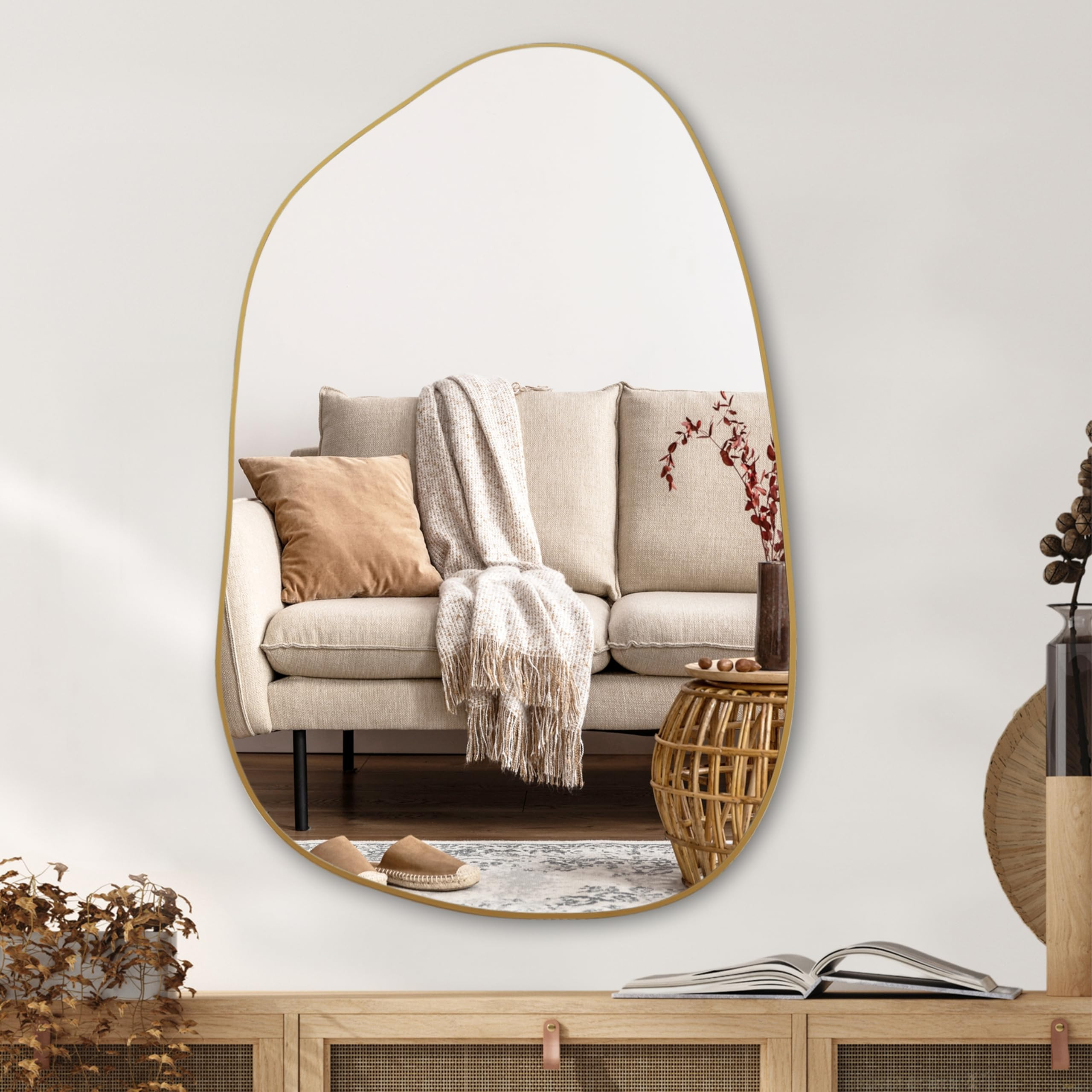 PERFNIQUE Irregular Wall Mirror Asymmetrical Mirror, 32''x24'' Golden Wood Framed Mirror for Bath... | Amazon (US)