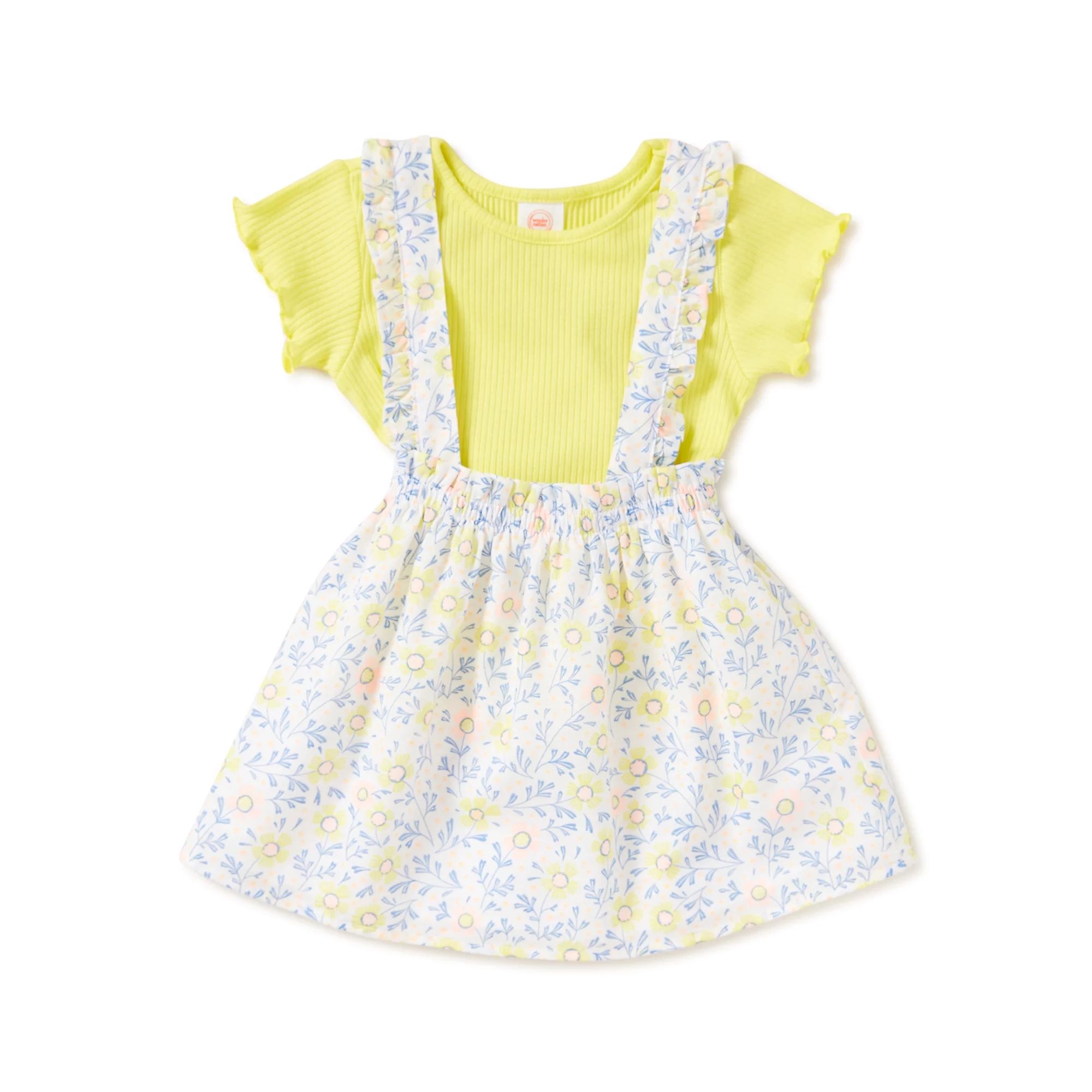 Wonder Nation Baby & Toddler Girls Short Sleeve T-Shirt & Pinafore Dress, 2-Piece Outfit Set, Siz... | Walmart (US)