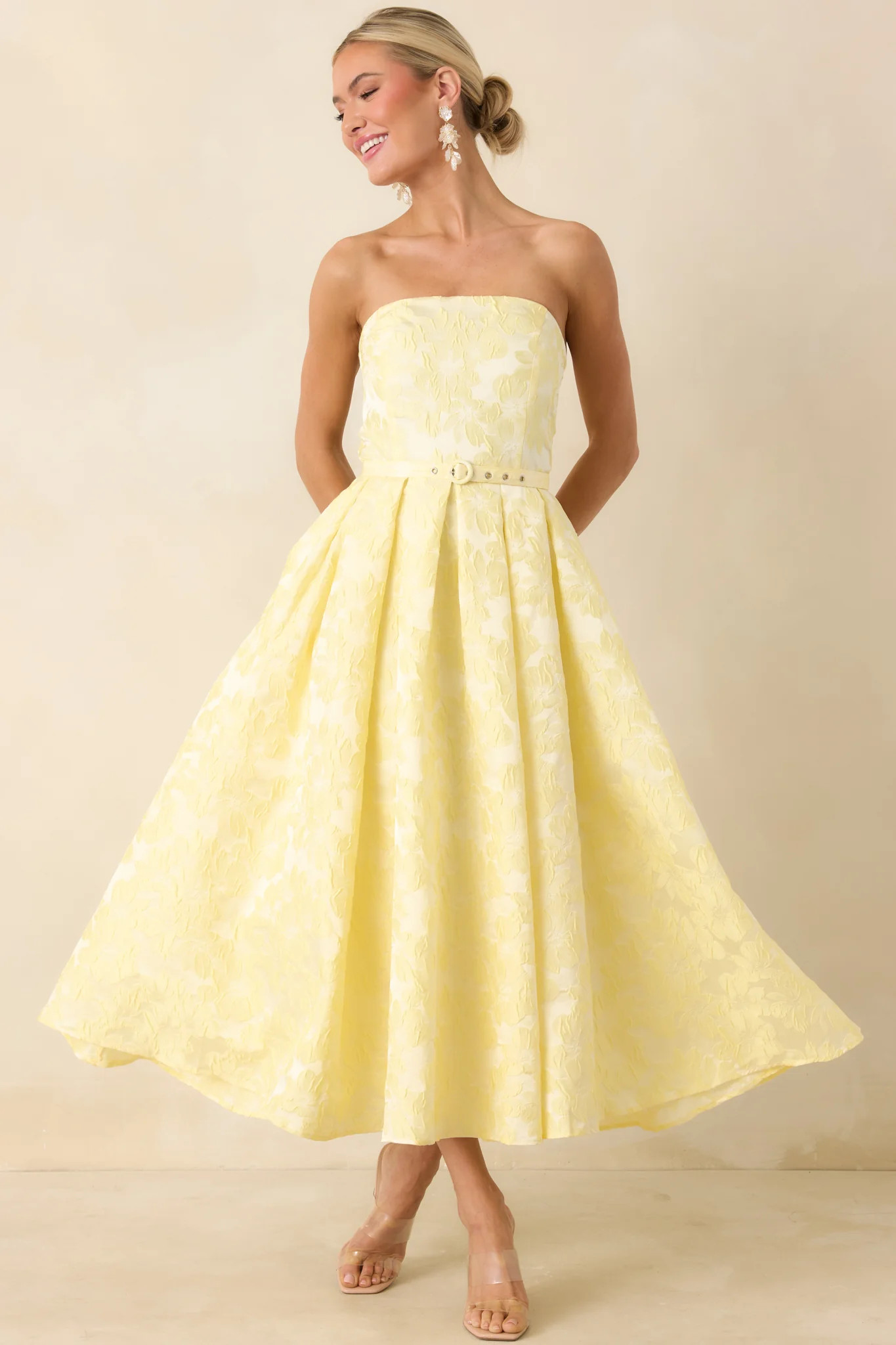 Radiating Joy Yellow Floral Jacquard Strapless Midi Dress | Red Dress