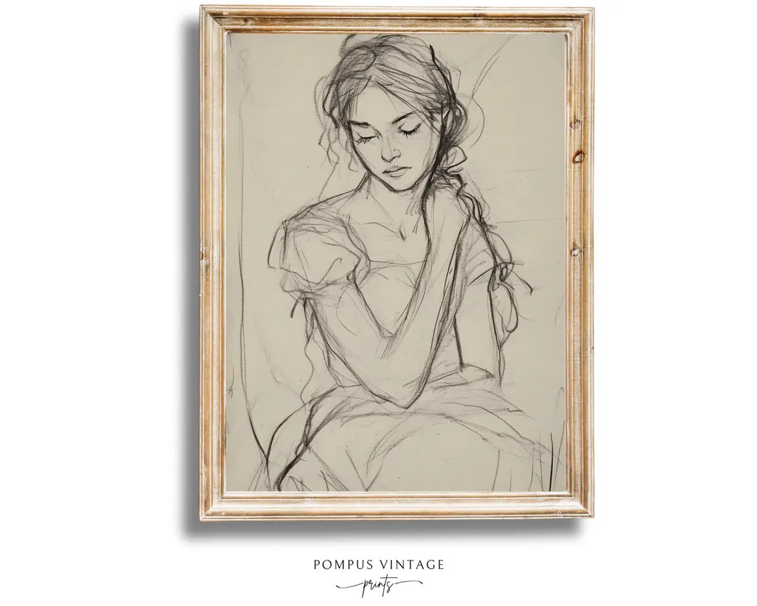 Pensive Grace Vintage Female Figure Line Drawing Print - Loose Sketch Wall Art Printable, Neutral... | Etsy (US)