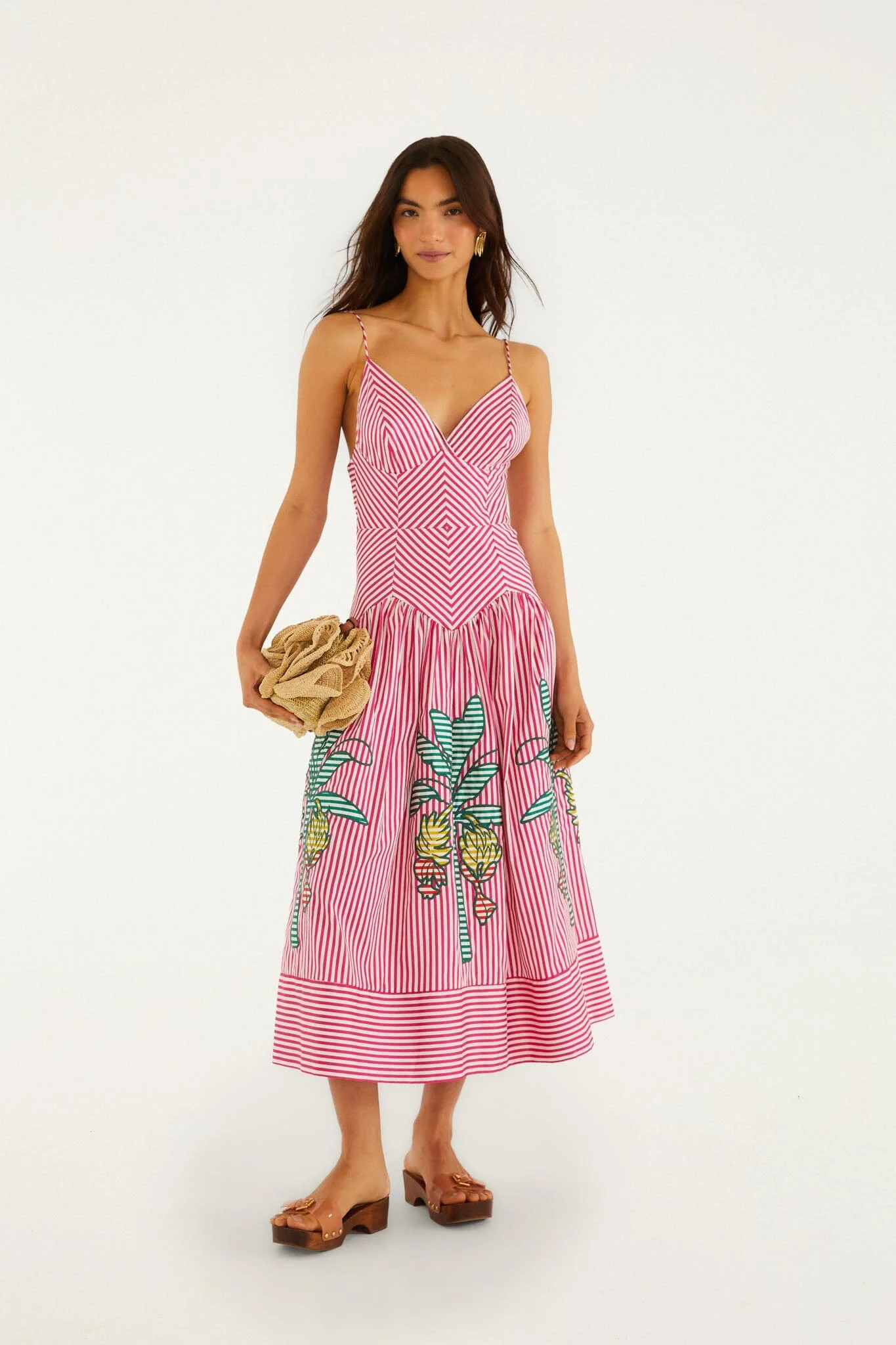 Pink Palm Tree Stripes Cutwork Organic Cotton Midi Dress | FARM Rio | FarmRio (US)