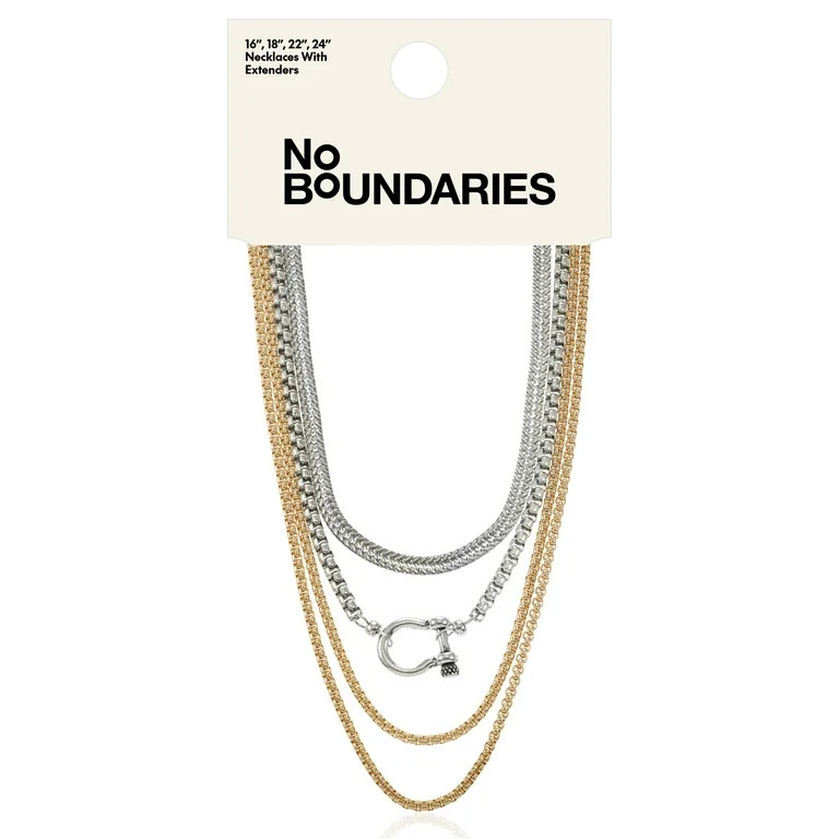 No Boundaries 16" Mixed Metal Multi Row Necklaces Set, 4-Pieces, Women’s - Walmart.com | Walmart (US)
