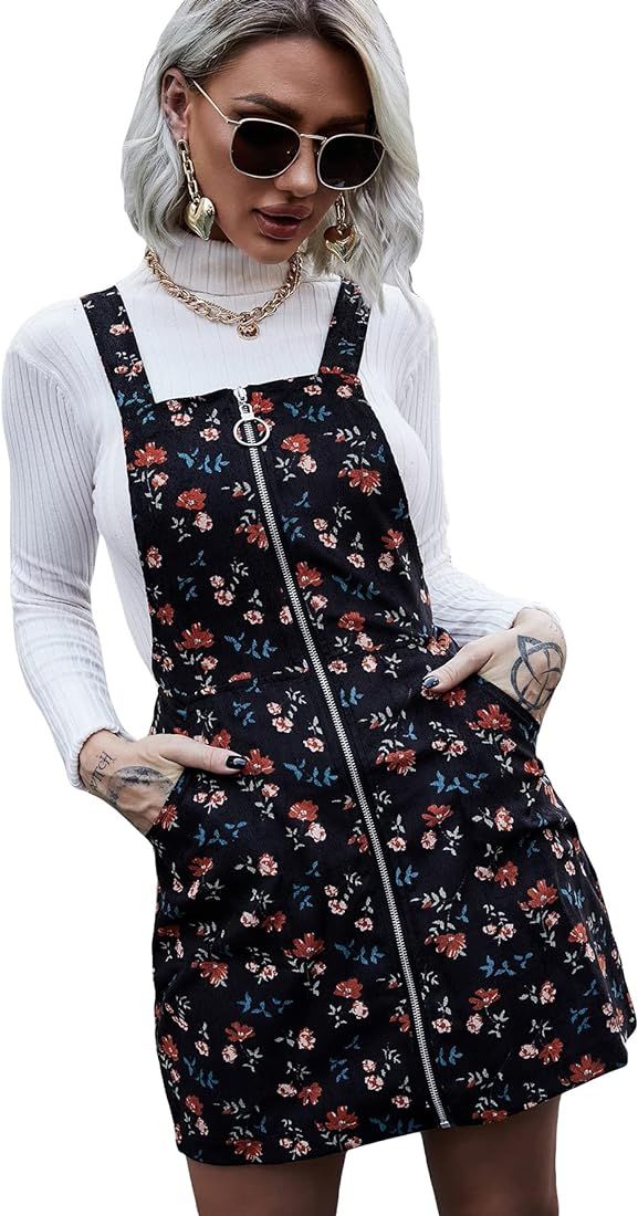 OYOANGLE Women's Sleeveless V Neck Button Front Corduroy Pinafore Overall Dress | Amazon (US)