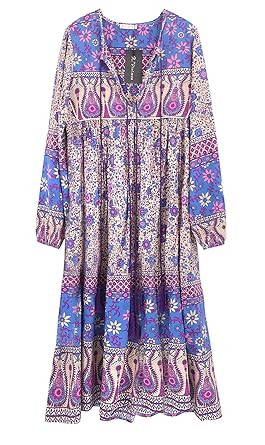 R.Vivimos Women's Long Sleeve Floral Print Retro V Neck Tassel Bohemian Midi Dresses | Amazon (US)