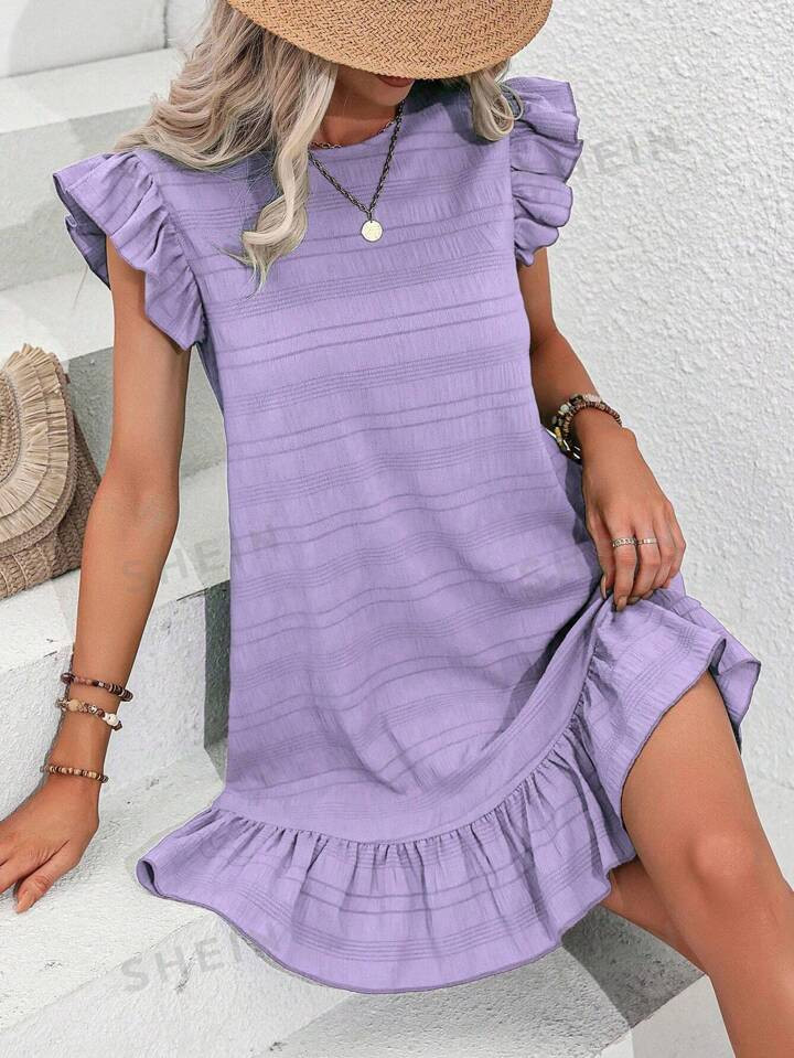 SHEIN VCAY Women's Round Neck Casual Summer Dress With Ruffle Hem | SHEIN