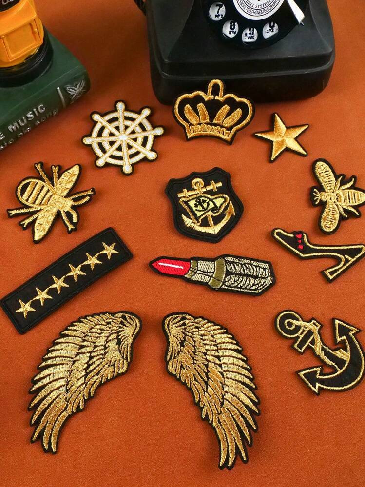 12pcs Gold-Wired Wing, Yellow Crown, Emblem Patterned Iron-On Sew-On Patch For DIY Projects | SHEIN