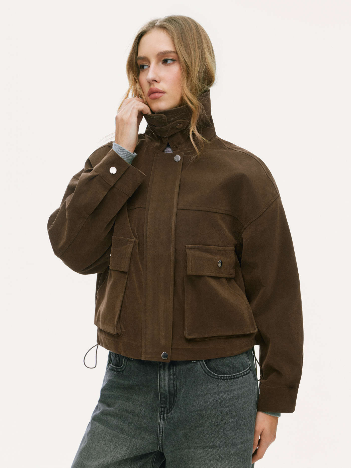 Suede Suede Collar Zip Through Drawstring Long Sleeve Jacket For Daily Casual | Cider