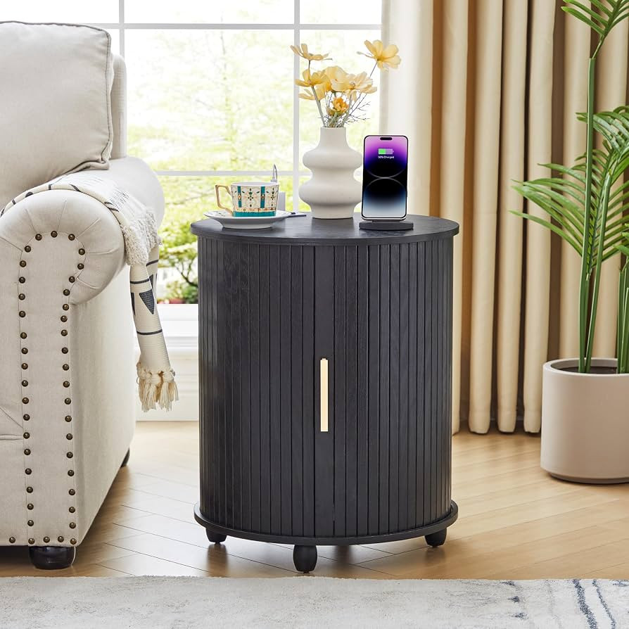 Fluted Round End Table with Charging Station, Farmhouse Small Sofa Side Table with Sliding Tambou... | Amazon (US)
