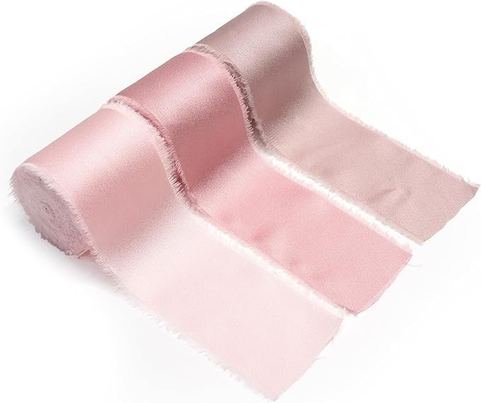Altier Frayed Satin Ribbon 2 inchx 8 Yards x 3 Rolls, Blush Pink Dusty Rose Light Coffee Handmade... | Amazon (US)