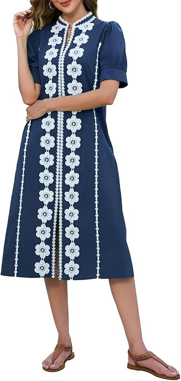 EZAPINE Women Summer Midi Dress Short Sleeve Sundress Cute V Neck Shift Dresses for Women Vacatio... | Amazon (US)