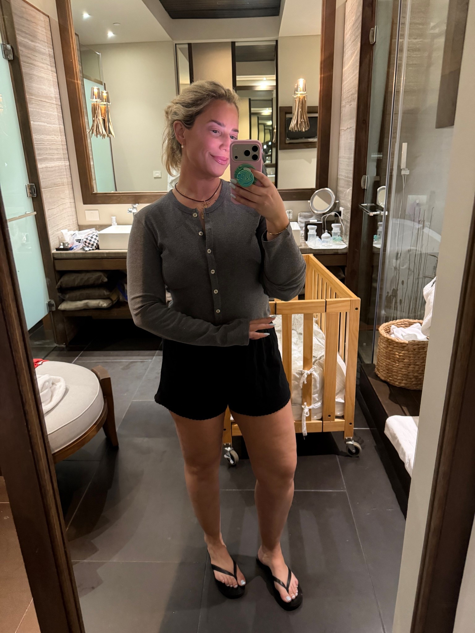 Simple, gray cardigan, and awesome pointelle boxer short shorts <> as my daughter likes to — daily edit cover from Found by Em