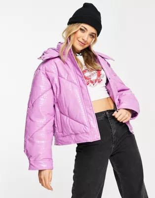 ASOS DESIGN vinyl cropped puffer jacket in lilac | ASOS (Global)