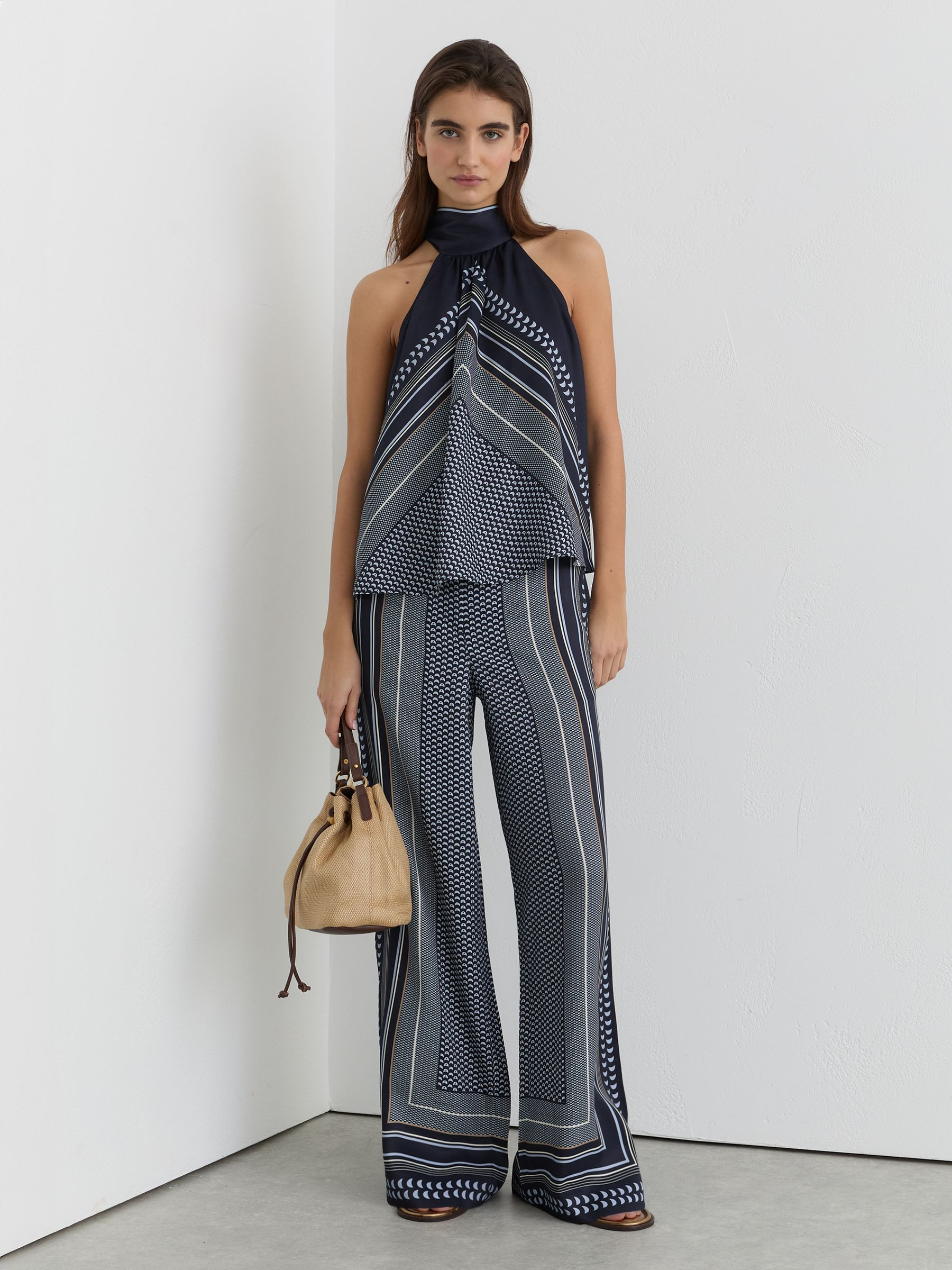 Reiss Scarf-Print Wide-Leg Trousers in Navy | REISS | Reiss US