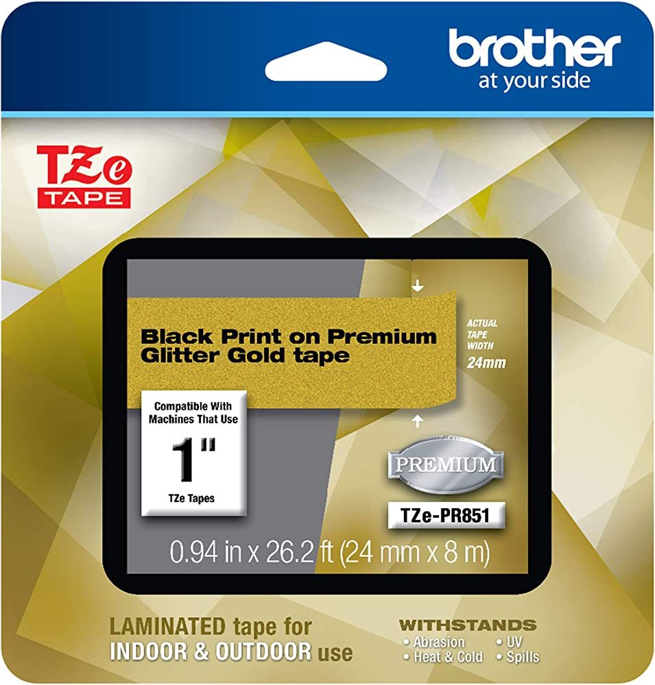 Brother P-touch TZe-PR851 Black Print on Premium Glitter Gold Laminated Tape 24mm (0.94”) wide ... | Amazon (US)